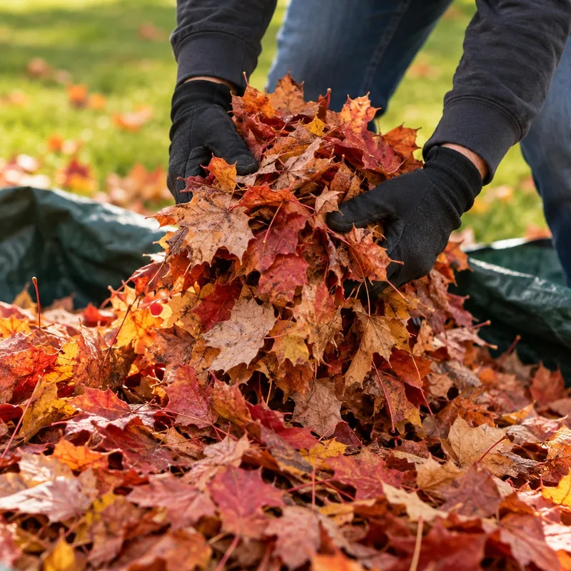 Gloved hands loading autumn leaves onto a tarp