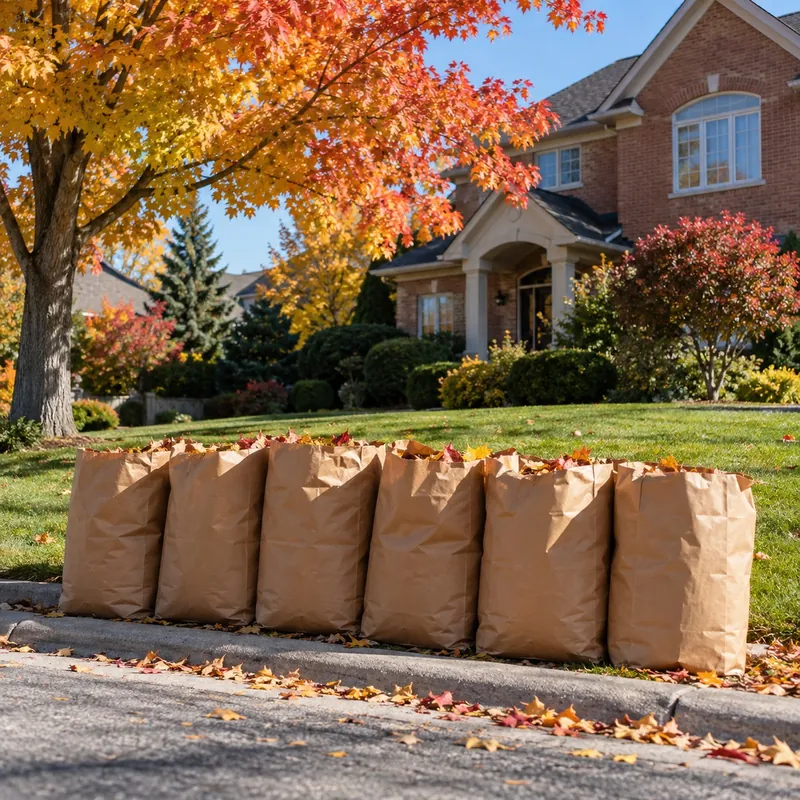 Leaf bags lined up at the curb after a fall cleanup