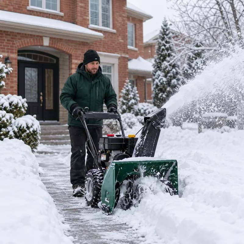 Crew member clearing a walkway with a snow blower