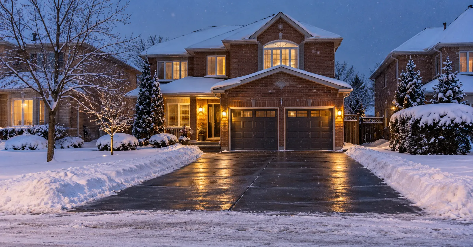 Driveway cleared of snow in front of a brick home in Milton at dusk