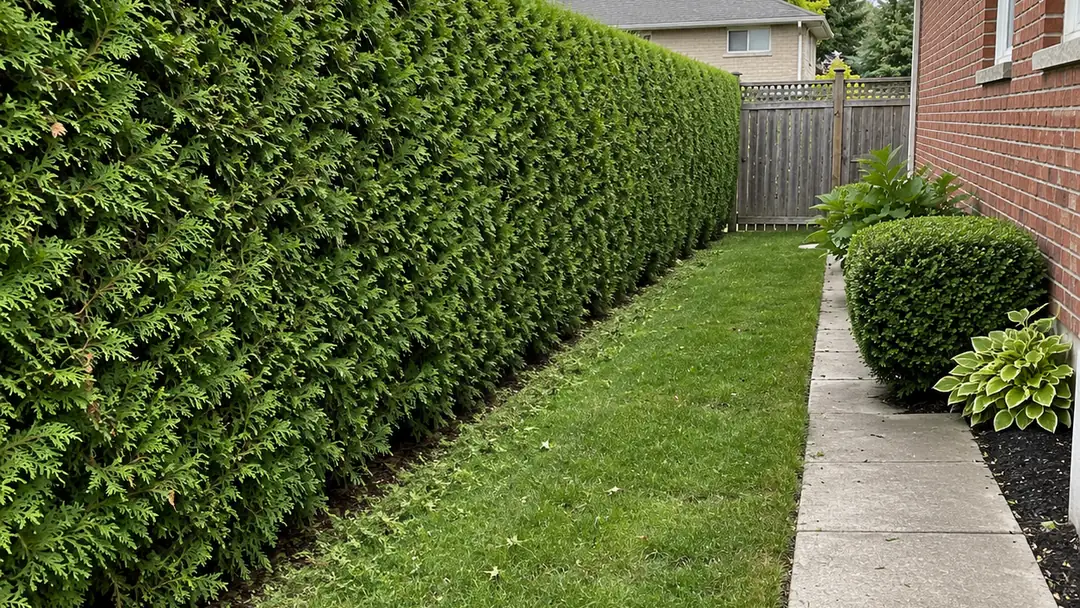 Neatly trimmed cedar hedge along a side yard, hedge and shrub trimming in Milton