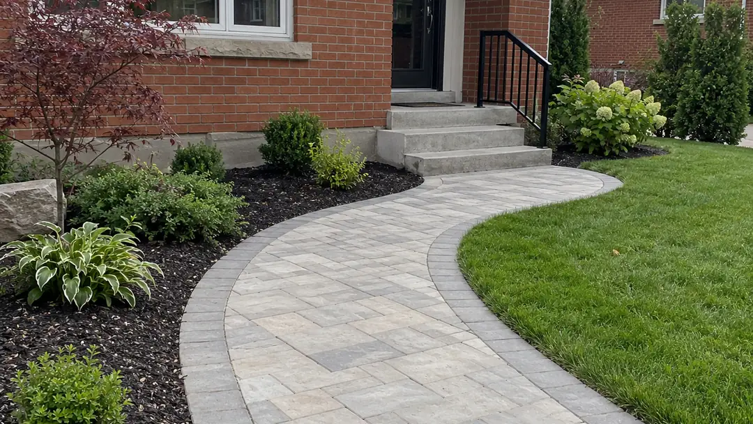 Curved interlock walkway leading to the front steps of a brick home, interlock and hardscaping in Milton
