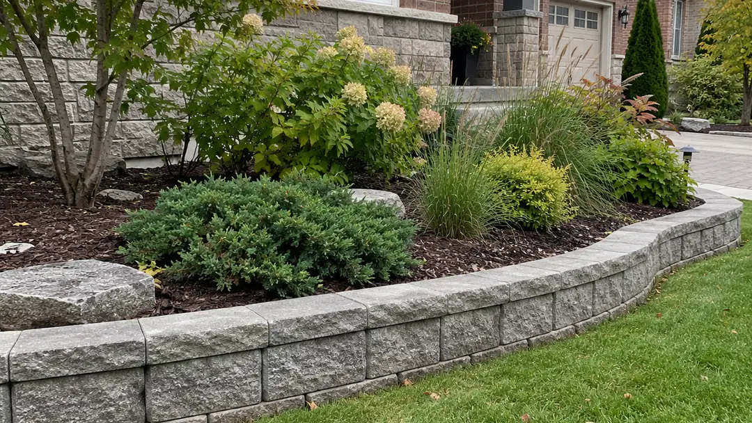 Planted garden bed with a low stone retaining wall in front of a home, landscape design and planting in Milton