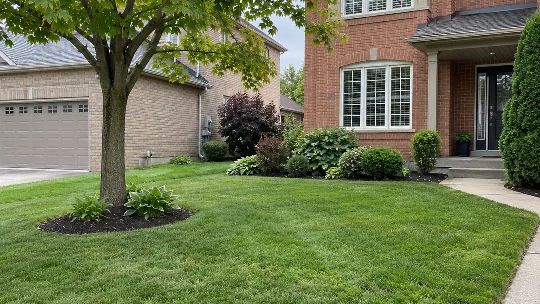 Freshly mowed front lawn of a brick home with a clean edge along the walkway, lawn mowing in Milton