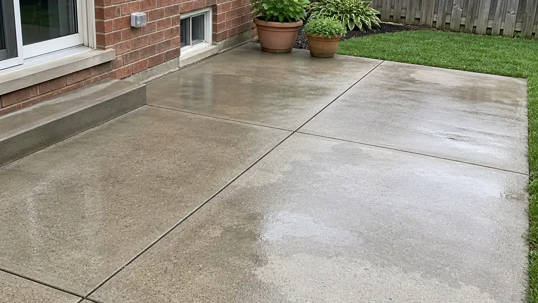Clean concrete patio after power washing behind a brick home, power washing in Milton, Ontario